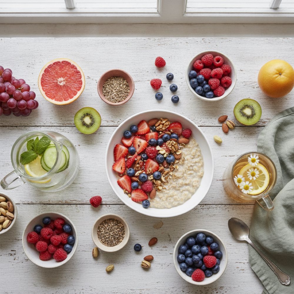 Healthy breakfast spread with fruit, oats and tea