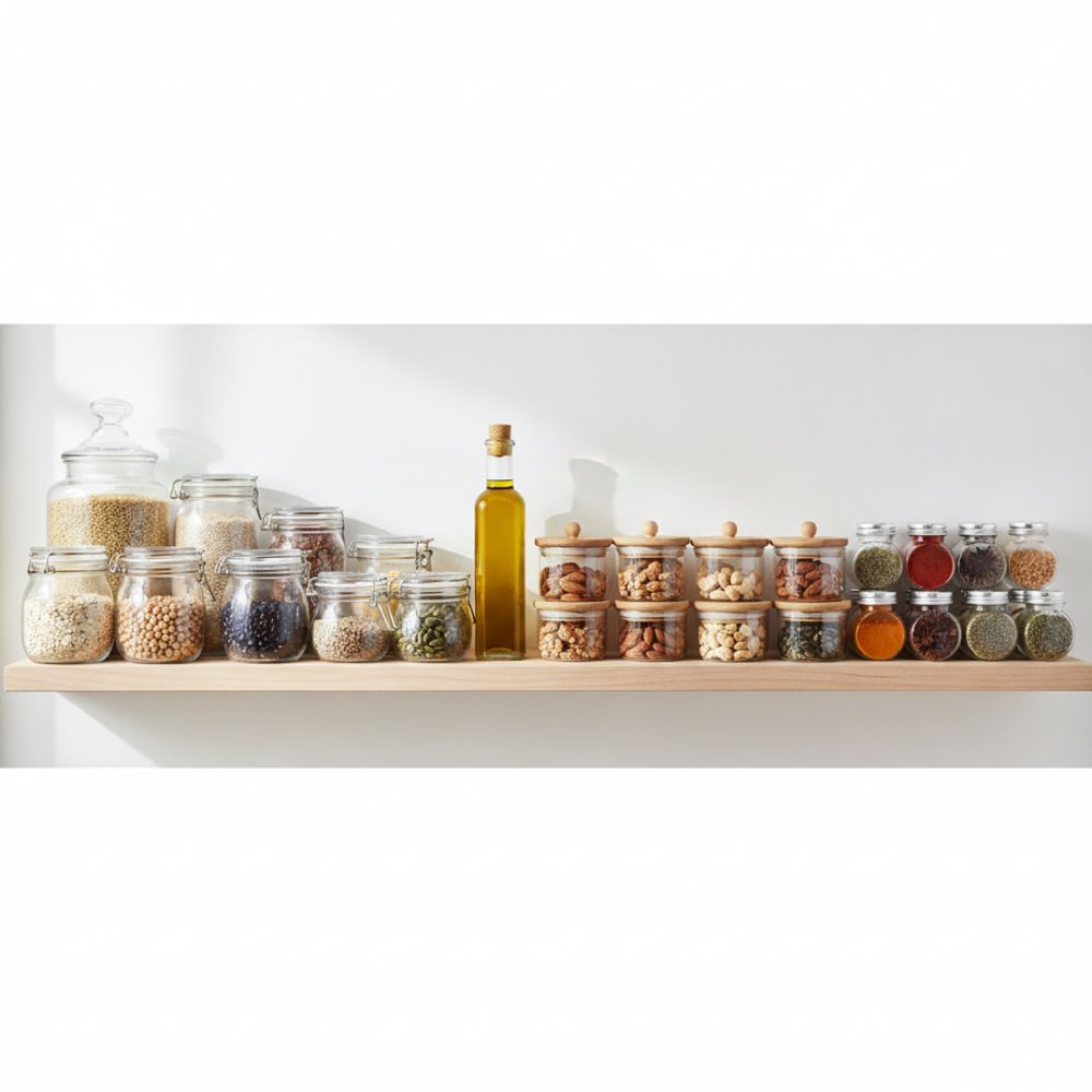 Organized pantry with jars of staples